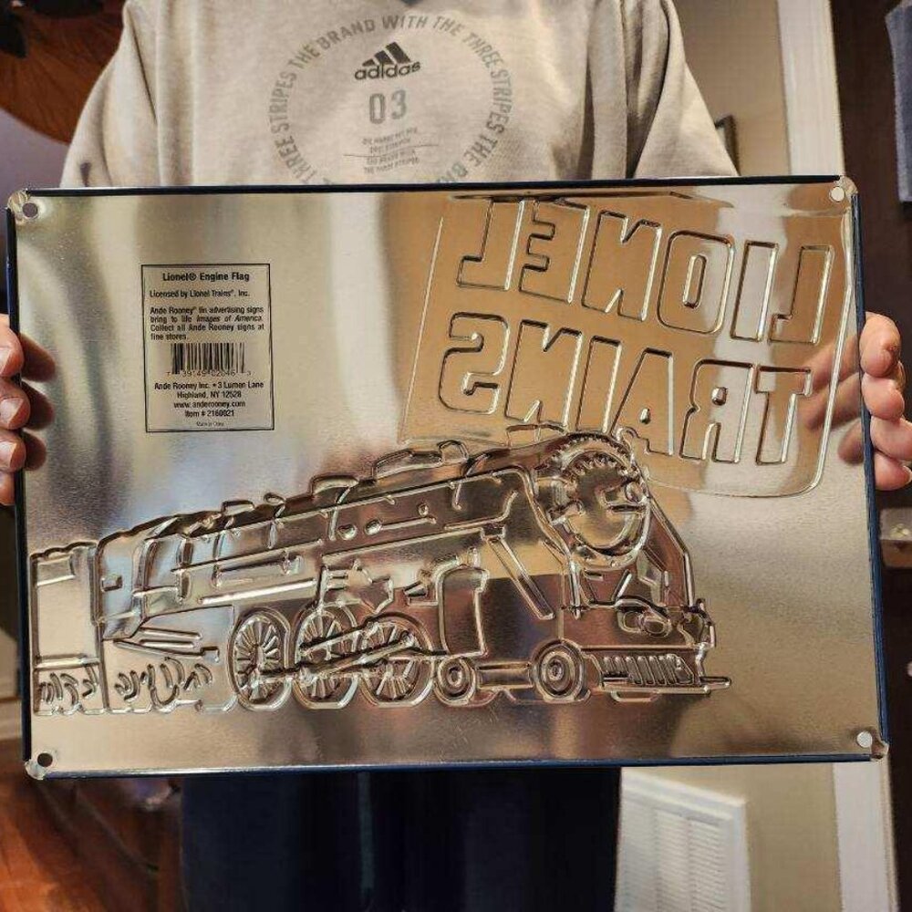 Brand New Ande Rooney Lionel Trains Engine & Flag Heavily Embossed Tin Sign - Picture 2 of 3